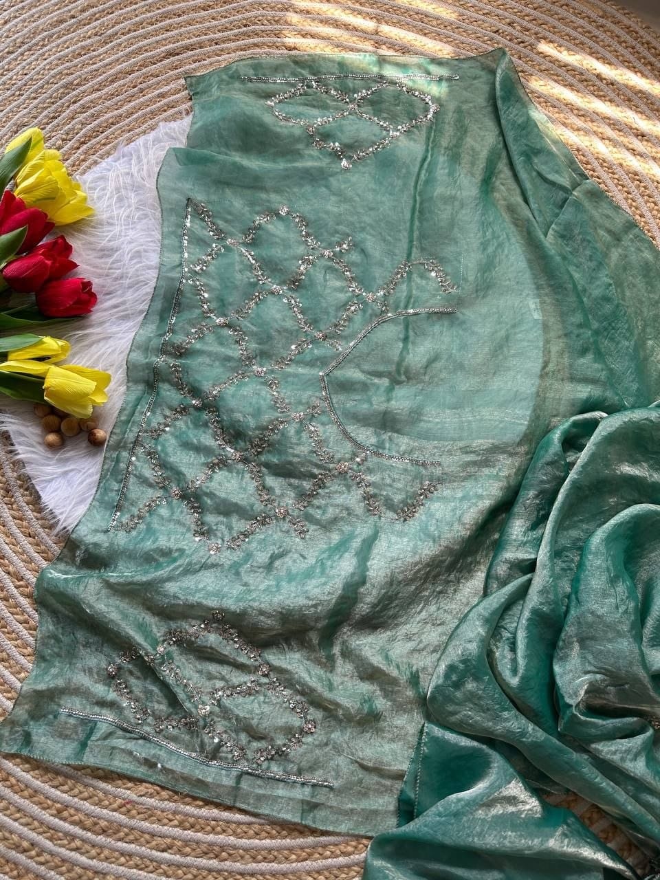 Premium Pastel Moss Chiffon Saree with Peacock Embroidery & Stitched Blouse