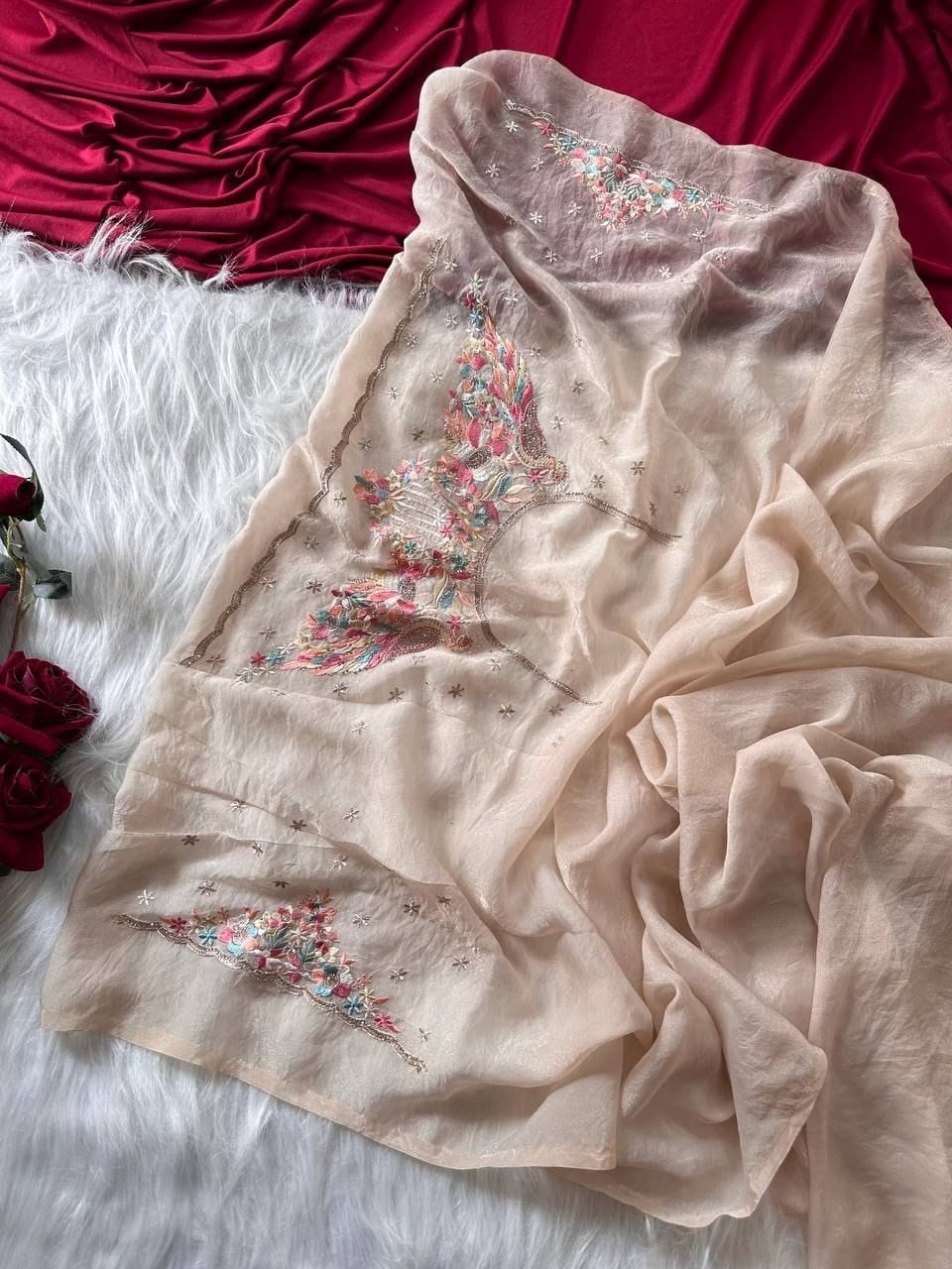 Premium Pastel Moss Chiffon Saree with Peacock Embroidery & Stitched Blouse
