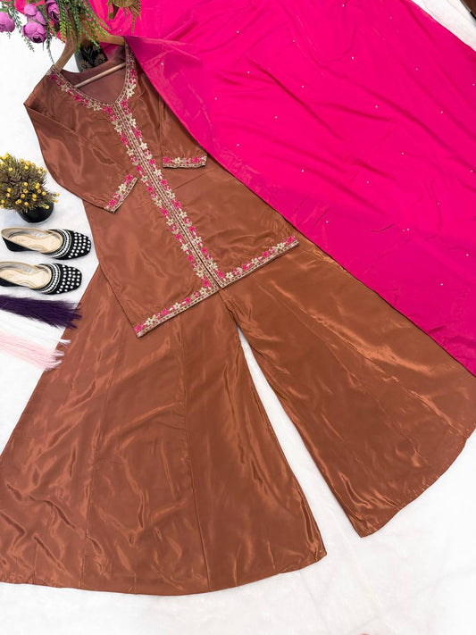 Premium Natural Crepe Silk Top & Kali-Cut Sharara Set with Sequence & Hand Stone Work
