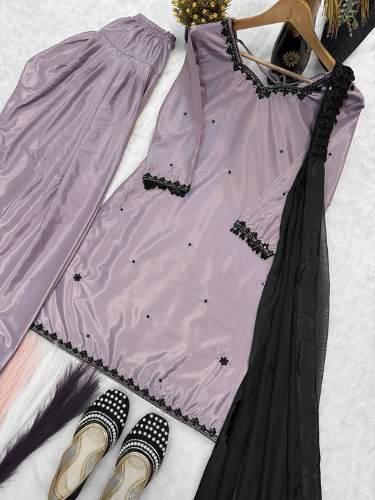 Premium Natural Crepe Silk Top & Farshi Salwar Set with Beads Handwork & Organza Dupatta