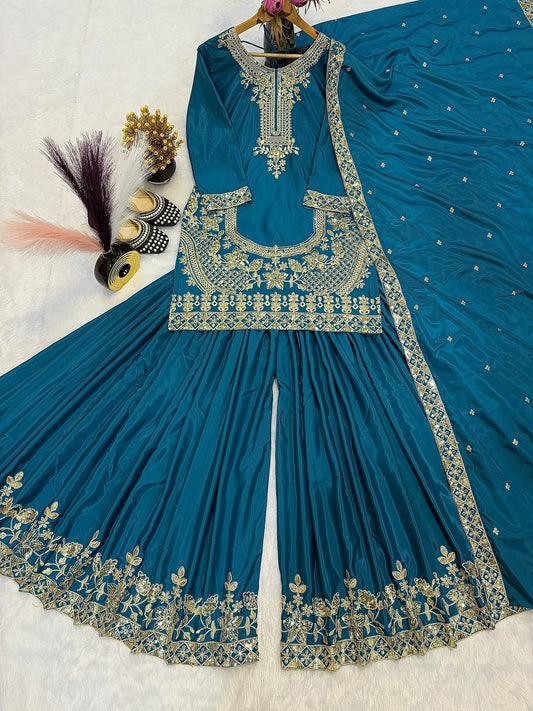 Premium Natural Crepe Silk Top & Flared Sharara Set with Moti Embroidery