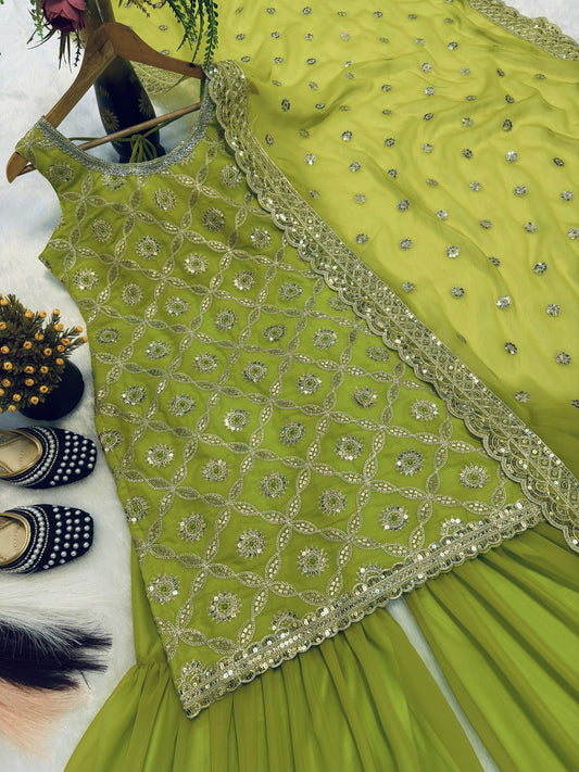 Premium Faux Georgette Top & Flared Sharara Set with Thread & Sequence Embroidery
