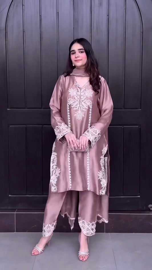 Premium Natural Crepe Silk Onion Pink Top & Pant Set with Moti Handwork & Organza Dupatta