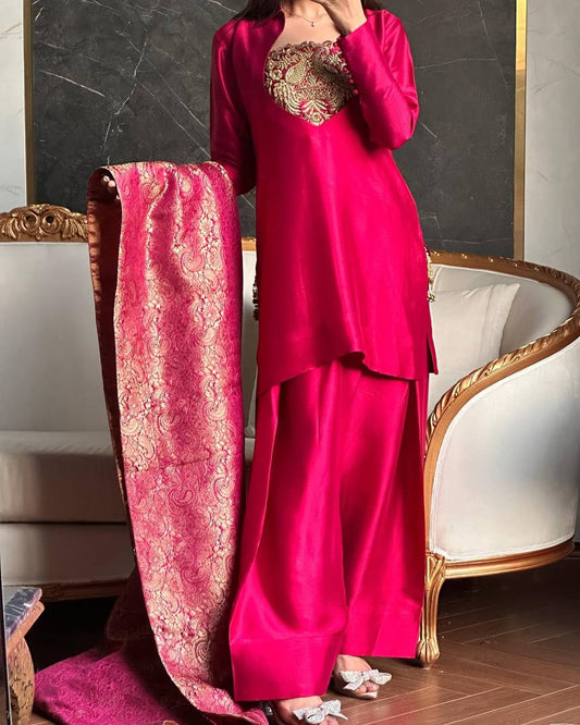 Premium Malay Satin Silk Farshi Salwar Set with Heavy Jacquard Dupatta