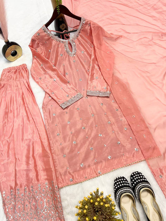Premium Chinnon Silk Farshi Salwar Set with Heavy Zari & Sequence Work