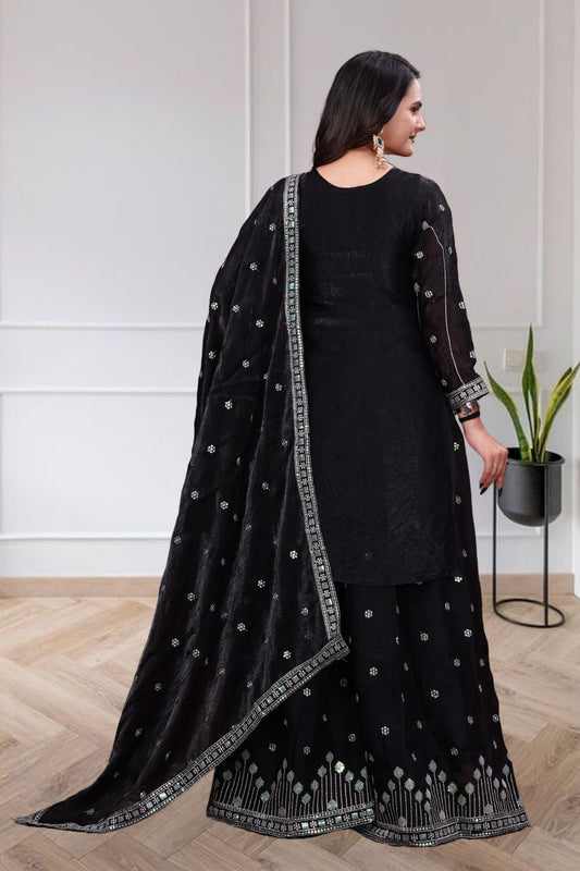Premium Chinon Silk Zilmil Sequence Black Sharara Suit Set