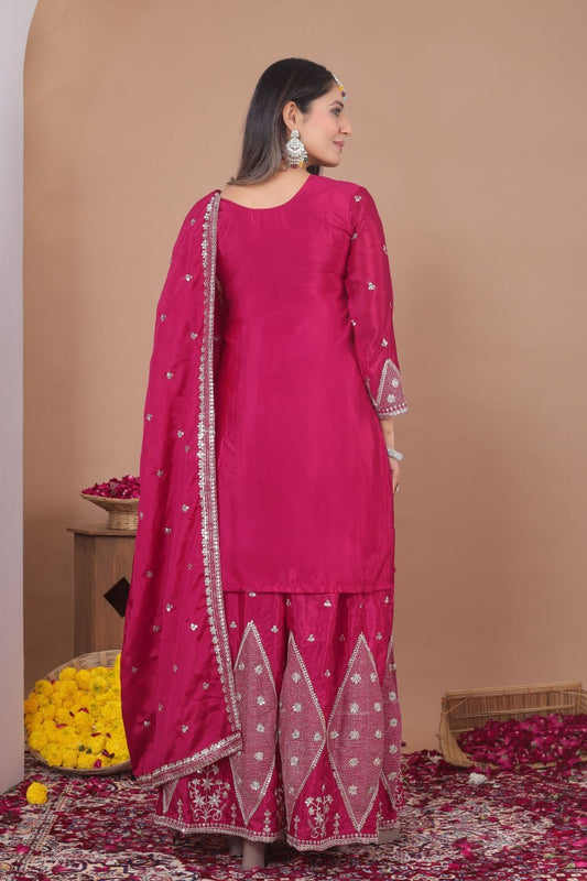 Premium Chinon Silk Sequence Embroidered Magenta Sharara Suit Set