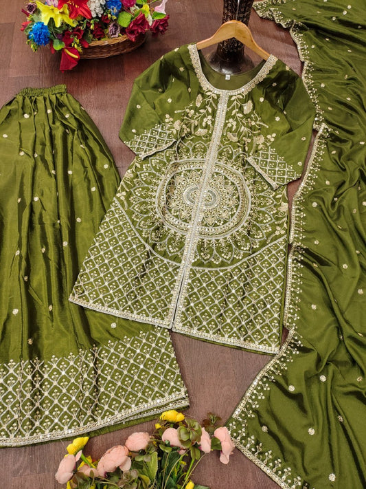 Premium Chinon Silk Coding & Double Sequence green colour Sharara Suit Set