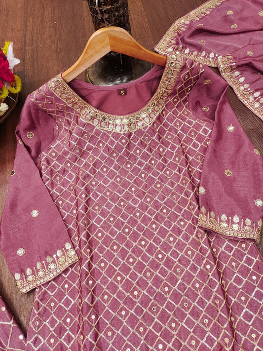 Premium Chinon Sequence Embroidered onion pink Sharara Suit Set