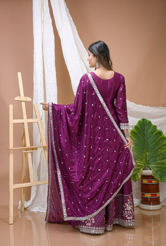Premium Chinon Multi-Thread & Sequence Wine Purple colour Sharara Suit Set