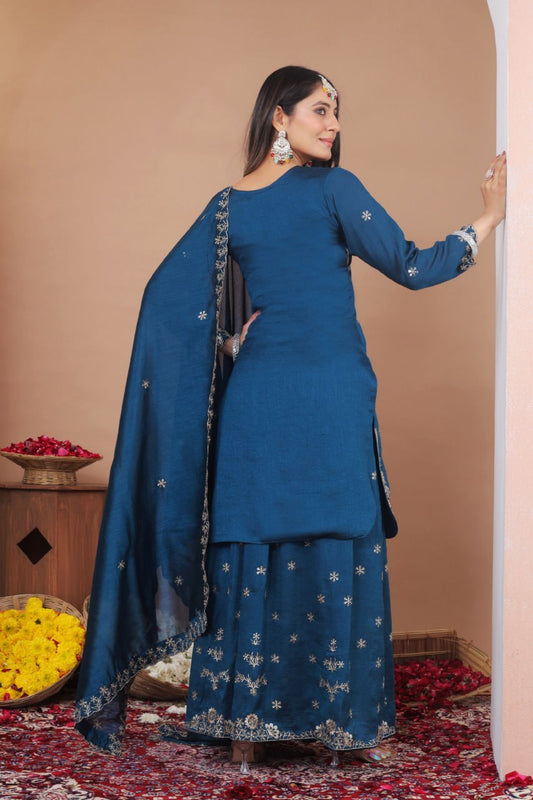 Premium Vichitra Silk Sequence Embroidered Prussian Blue Sharara Suit Set