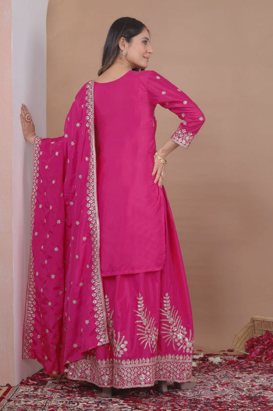Premium Natural Crepe Double Sequence Rani Pink Sharara Suit Set