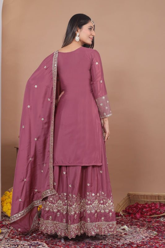 Premium Natural Crepe Sequence Embroidered onion pink Sharara Suit Set