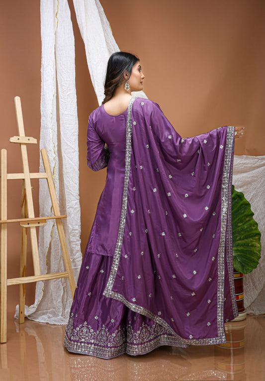 Premium Natural Crepe Sequence Embroidered purple Sharara Suit Set