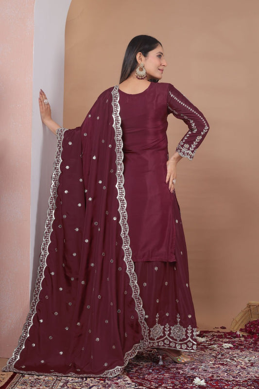 Premium Natural Crepe Sequence Embroidered maroon Sharara Suit Set