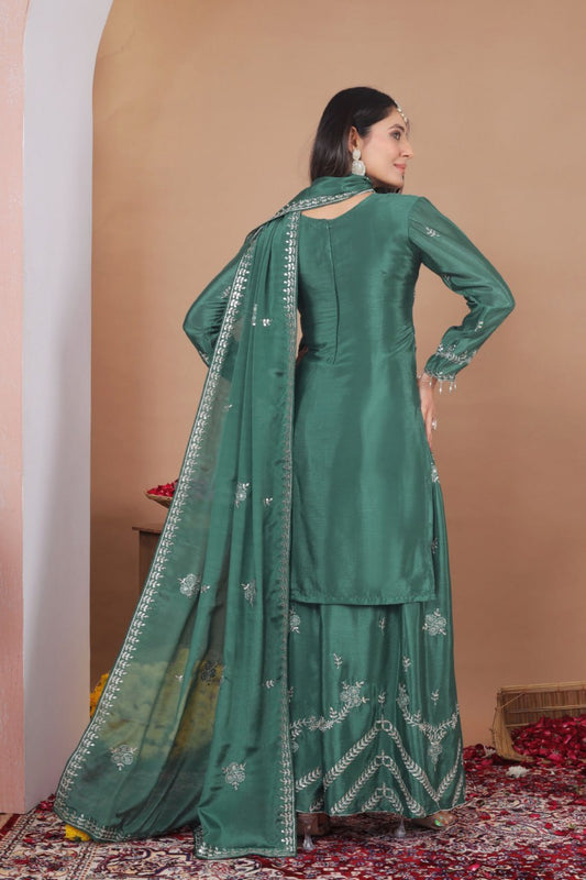 Premium Chinon Multi-Thread & Sequence bottle green Sharara Suit Set with Lace Border