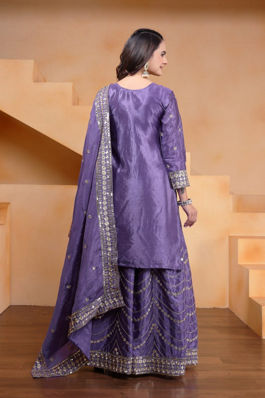 Premium Chinon Sequence Embroidered lavender colour Sharara Suit Set