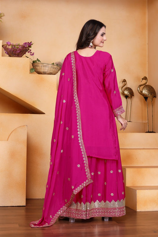 Premium Chinon Sequence Embroidered rani pink colour Sharara Suit Set
