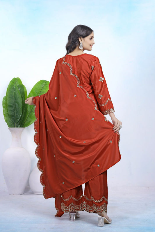 Premium Natural Crepe Sequence Embroidered orange colour Pant Suit Set