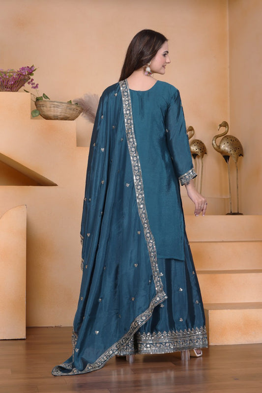 Premium Chinon Sequence Embroidered rama green colour Sharara Suit Set