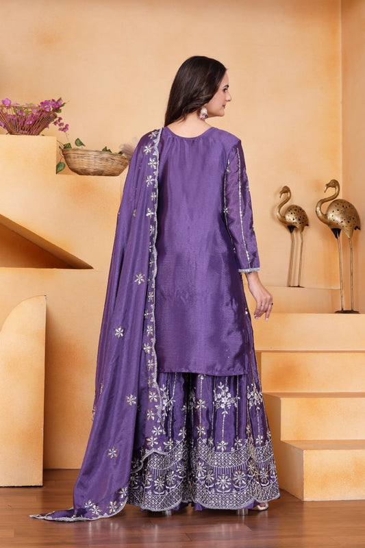 Premium Chinon Sequence Embroidered lavender colour Sharara Suit Set