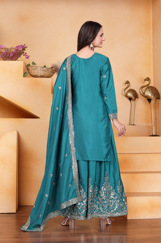 Premium Natural Crepe Sequence Embroidered Emerald Green Sharara Suit Set