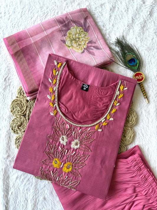 Handcrafted Mul Chanderi Kurti Set with Roman Silk Pants & Jacquard Dupatta | Ethereal Light Pink