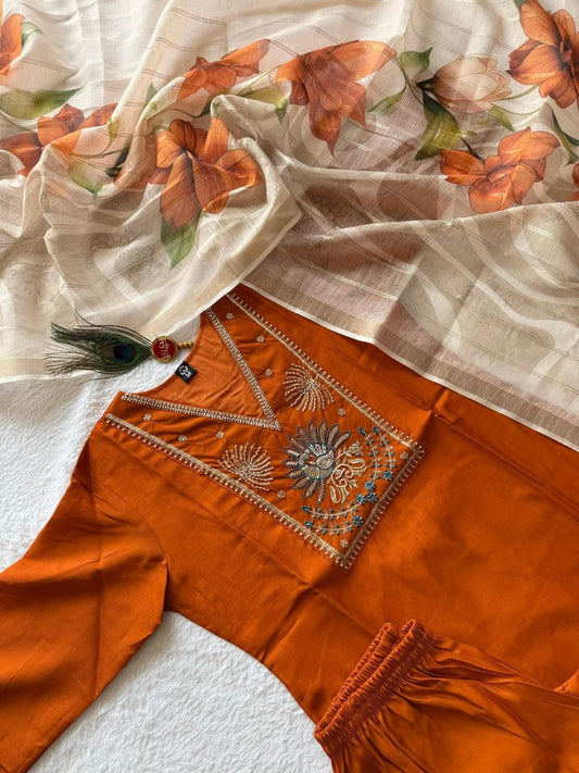 Premium Roman Silk Embroidered orange colour Kurti Pant Set with Chanderi Jacquard Dupatta