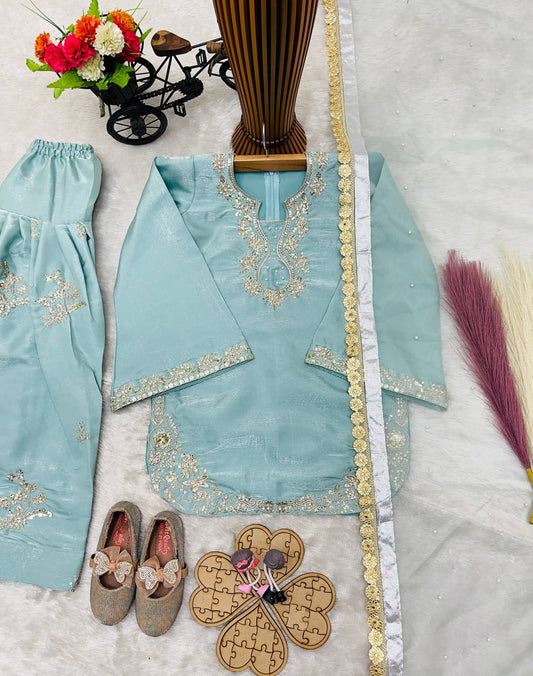 Kids’ Roman Glass Silk Party Wear Set with Organza Dupatta