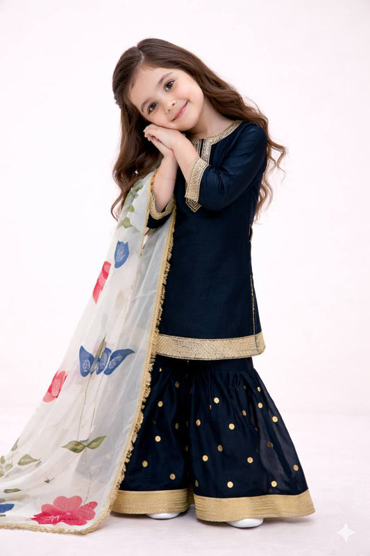 Royal Black GMY Silk Sharara Set with Organza Dupatta