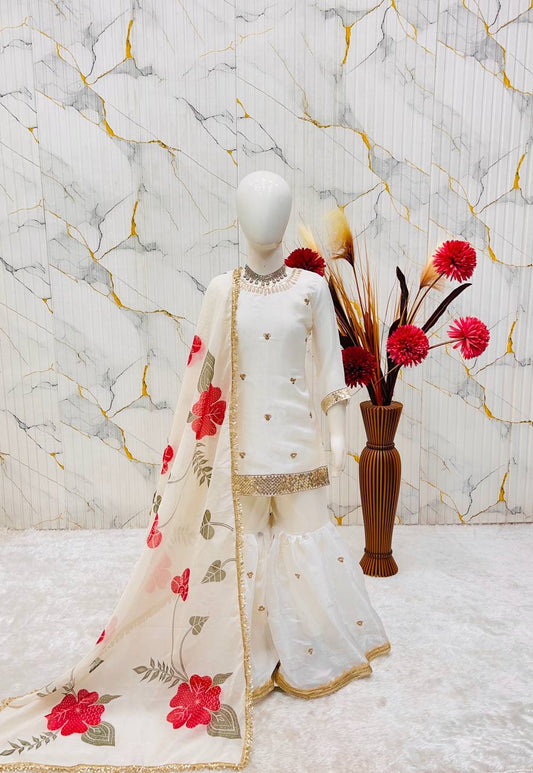 Pristine White Silk Sharara Set with Organza Dupatta