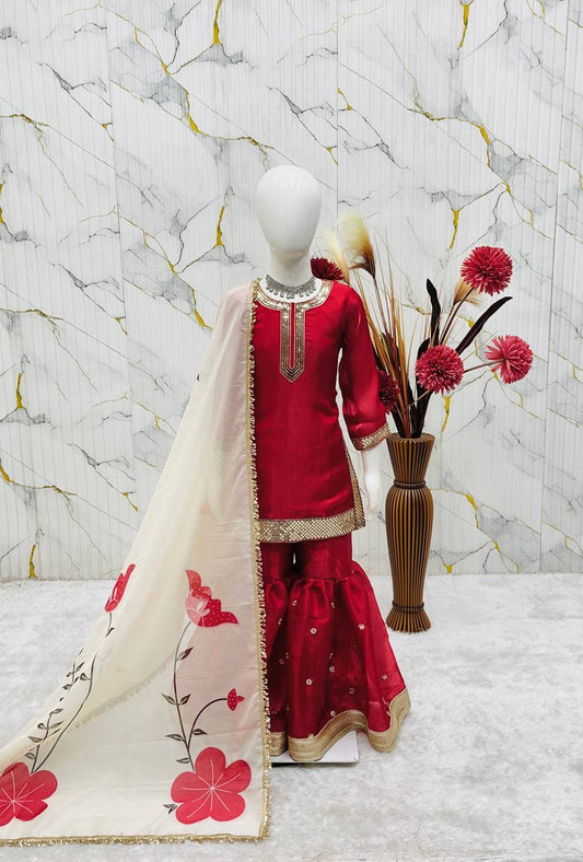 Vibrant Red Fendi Silk Sharara Set with Organza Dupatta