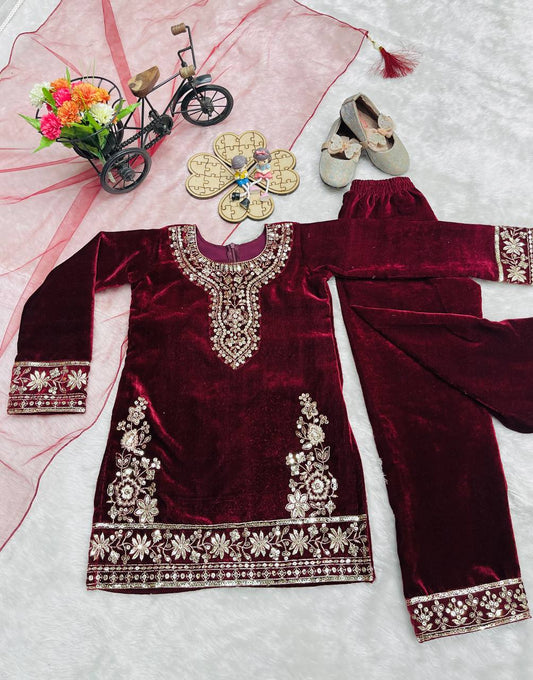 Majestic Maroon Velvet Suit with Fancy Net Dupatta