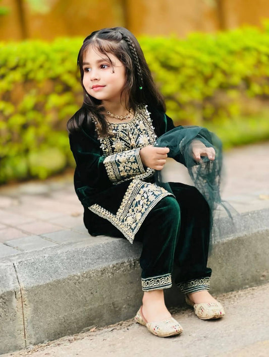 Royal Emerald Green Velvet Suit with Net Dupatta