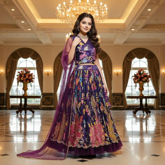Wine Kids’ Lehenga Choli with Real Mirror Hand Work