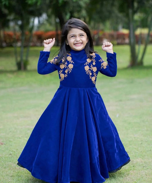 Royal Blue Festive Velvet Gown with Sequence Embroidery