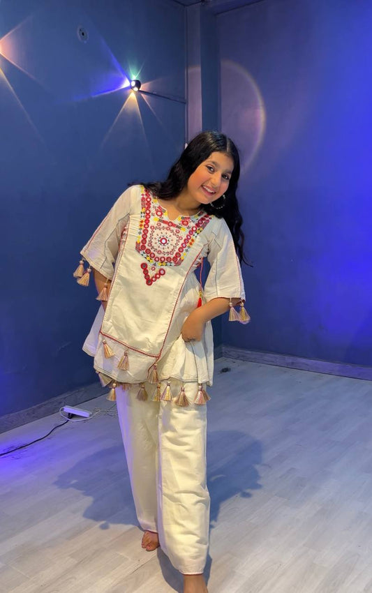 Off-White Khadi Cotton Co-ord Set with Real Mirror Work