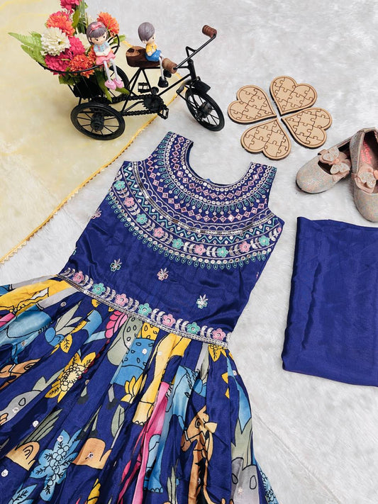 Midnight Navy Heavy Chinon Gown with Floral Print