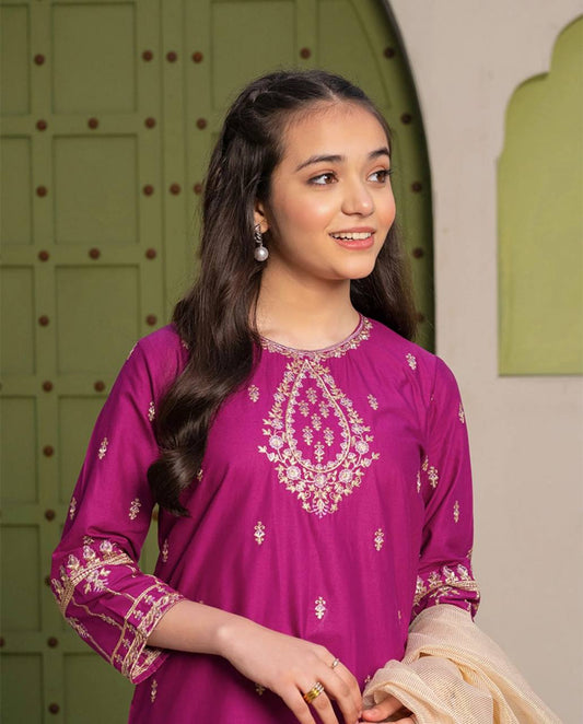 Raani Pink Natural Crepe Silk Suit with Organza Dupatta
