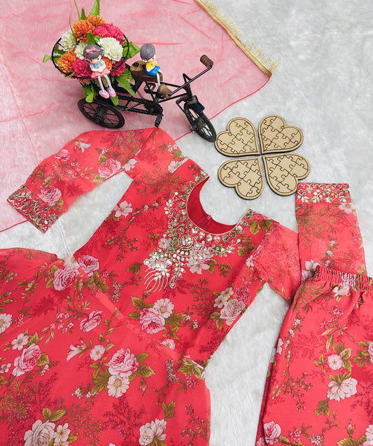 Peach Fox Georgette Gown-Sharara Set with Digital Print