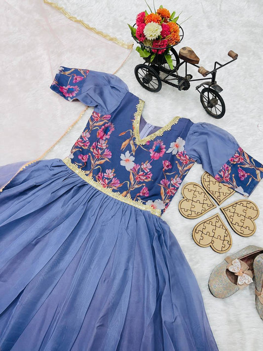 Kids’ Dusty Blue Organza Gown with Digital Prints