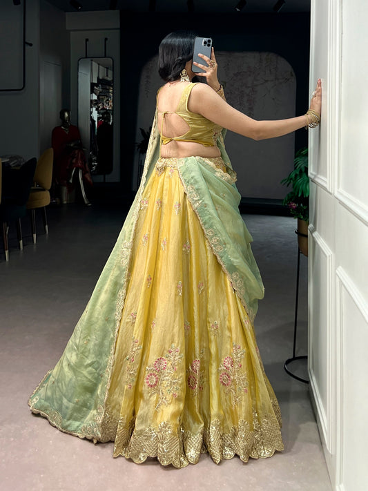 Fully Stitched Light Yellow Moss Silk Lehenga with 4m Can-Can