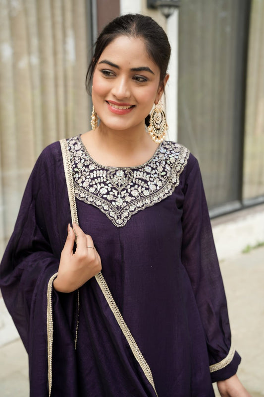 Royal Jamun Purple Plazo Suit | Premium Vichitra Silk | Fully Stitched