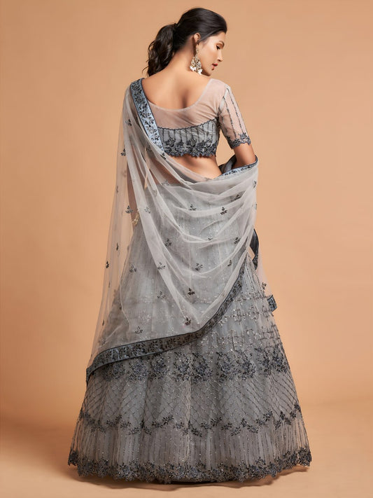 Elegant Metallic Grey Net Lehenga Choli