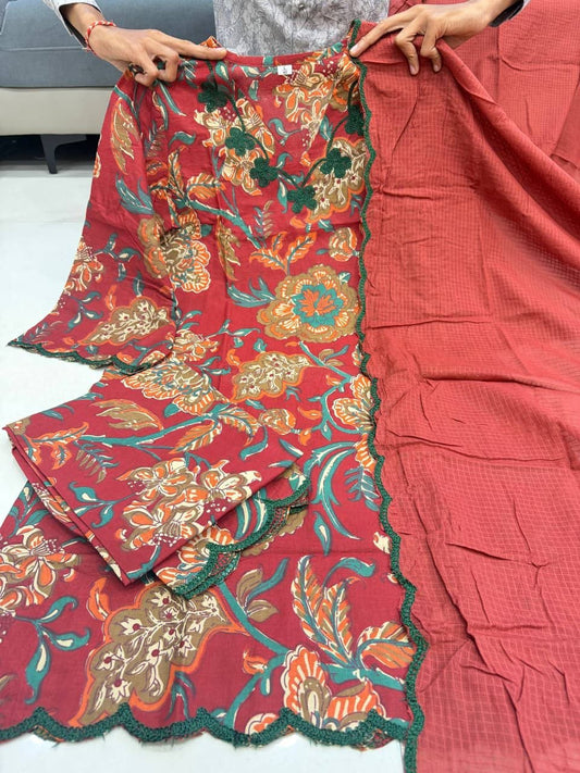 Premium Pure Cotton 60*60 Suit, Pant & Embroidered Kotadoria Dupatta Set