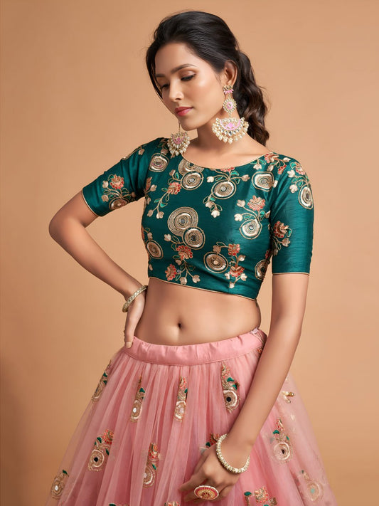 Designer Peach Pink & Royal Green Lehenga Choli