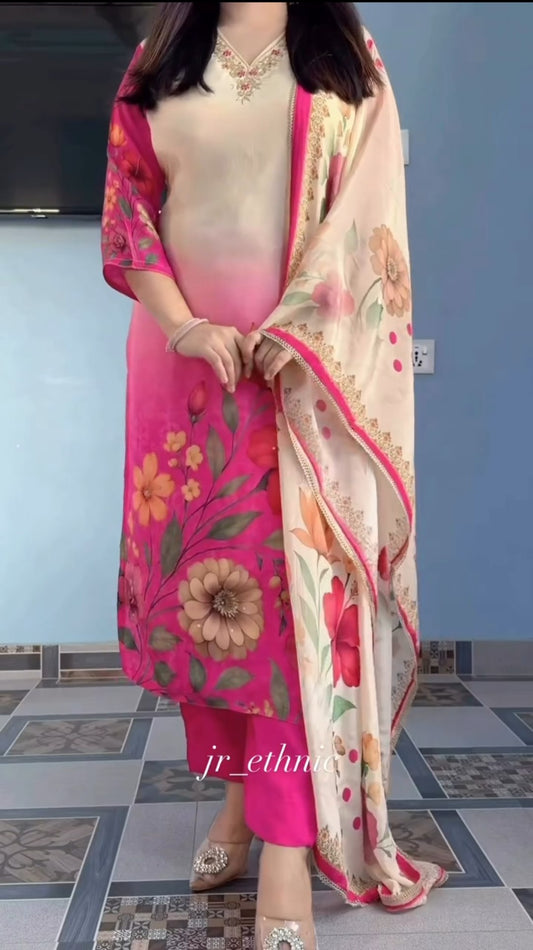Pink & Cream Ombre Floral Print Kurta with Pant & Dupatta Set