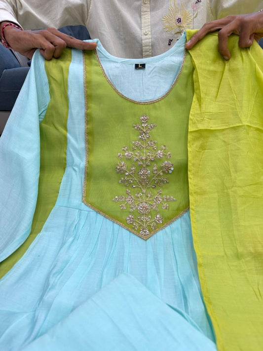Premium Pure Mul Chanderi Suit, Maharaja Pant & Banarasi Lagadi Dupatta Set