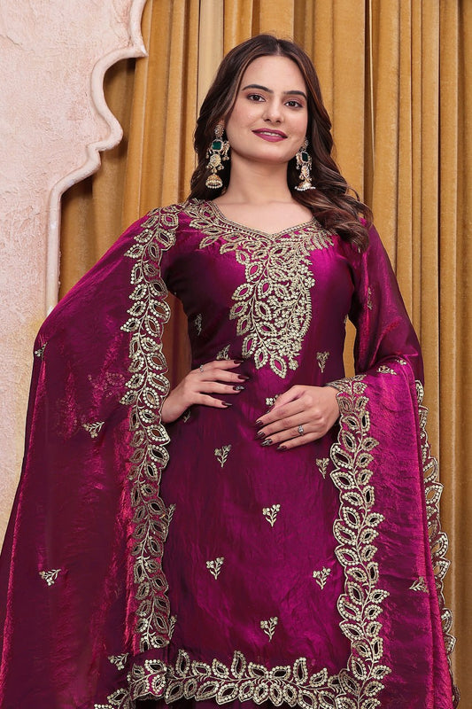 Rich Magenta Heavy Gold Embroidery Sharara Suit Set