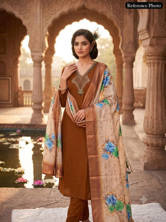 Coffee Premium Mul Chanderi Kurti Pant & Heavy Lichi Silk Dupatta Set